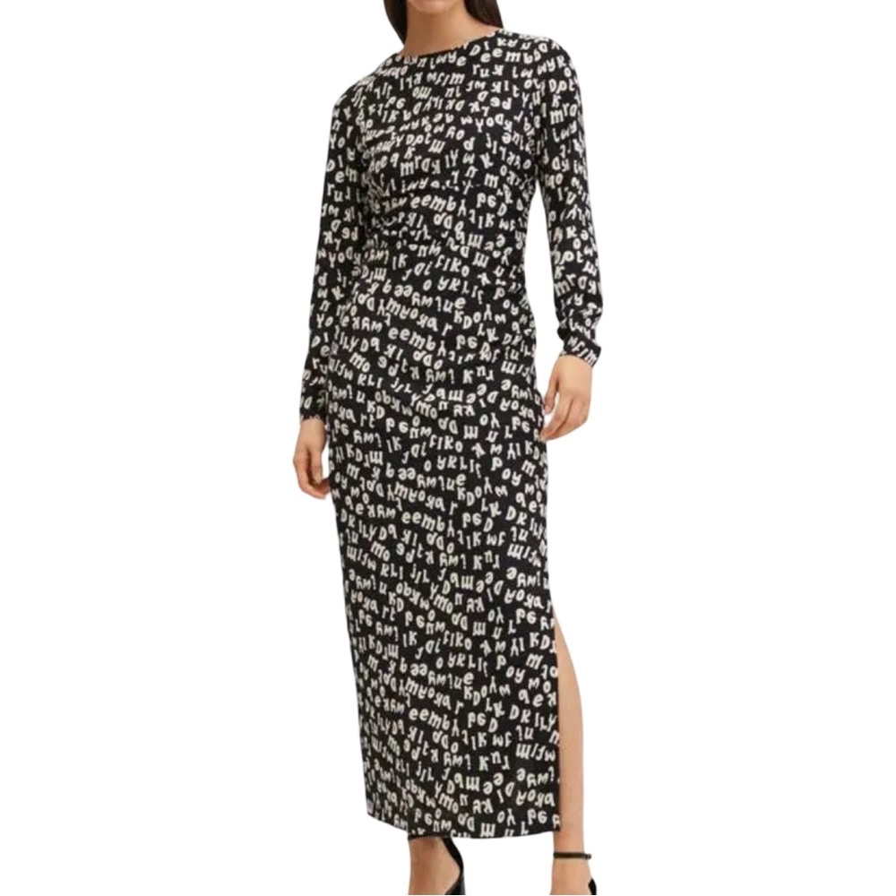 Mango‎ Typographic Print Maxi Dress Womens 4 Black Cream NWT Long Sleeve Ruched